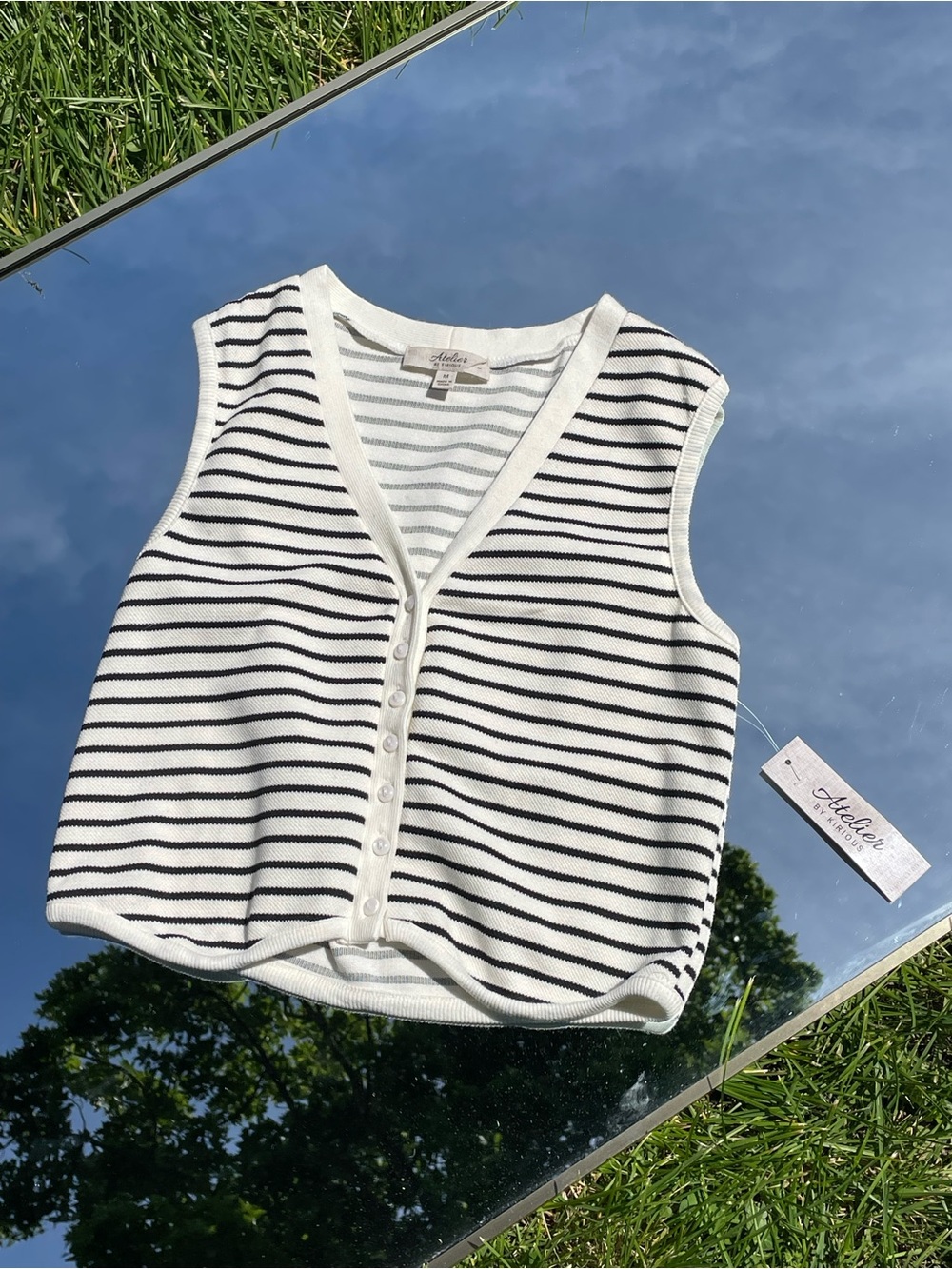 Striped V-Neck Button Front Knit Tank - Black/White